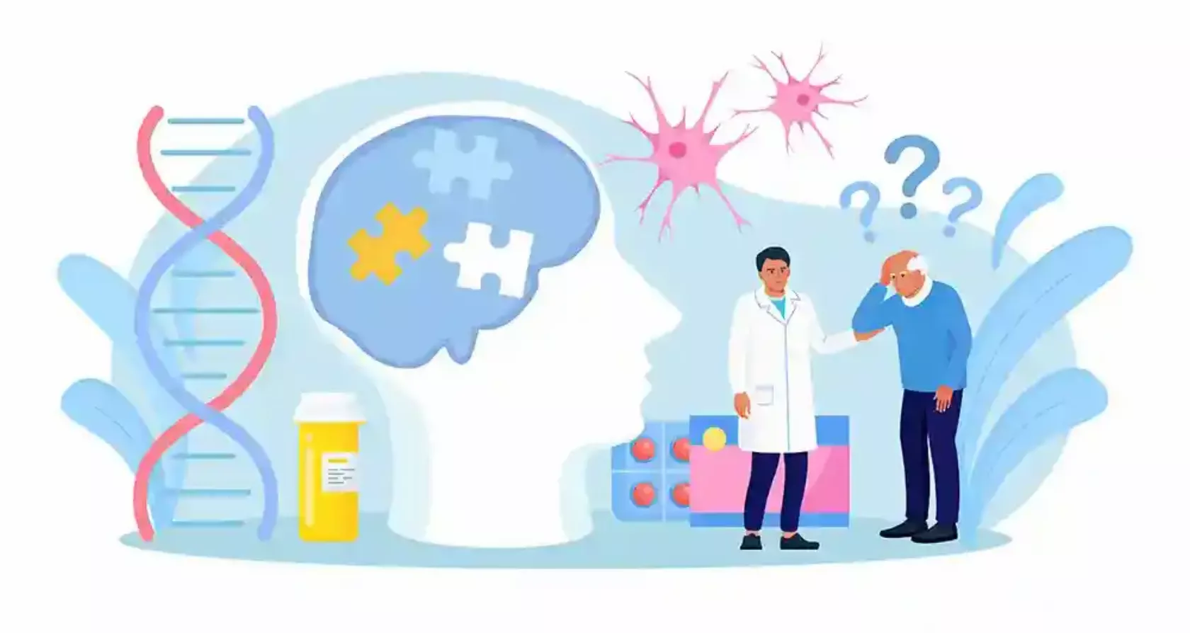 Illustration eines Gehirns, in dem Puzzleteile fehlen, DNA-Spirale, Neuronen, ratloser Mann, Helfer im weißen Kittel und Tabletten-Blister