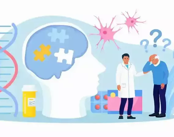 Illustration eines Gehirns, in dem Puzzleteile fehlen, DNA-Spirale, Neuronen, ratloser Mann, Helfer im weißen Kittel und Tabletten-Blister