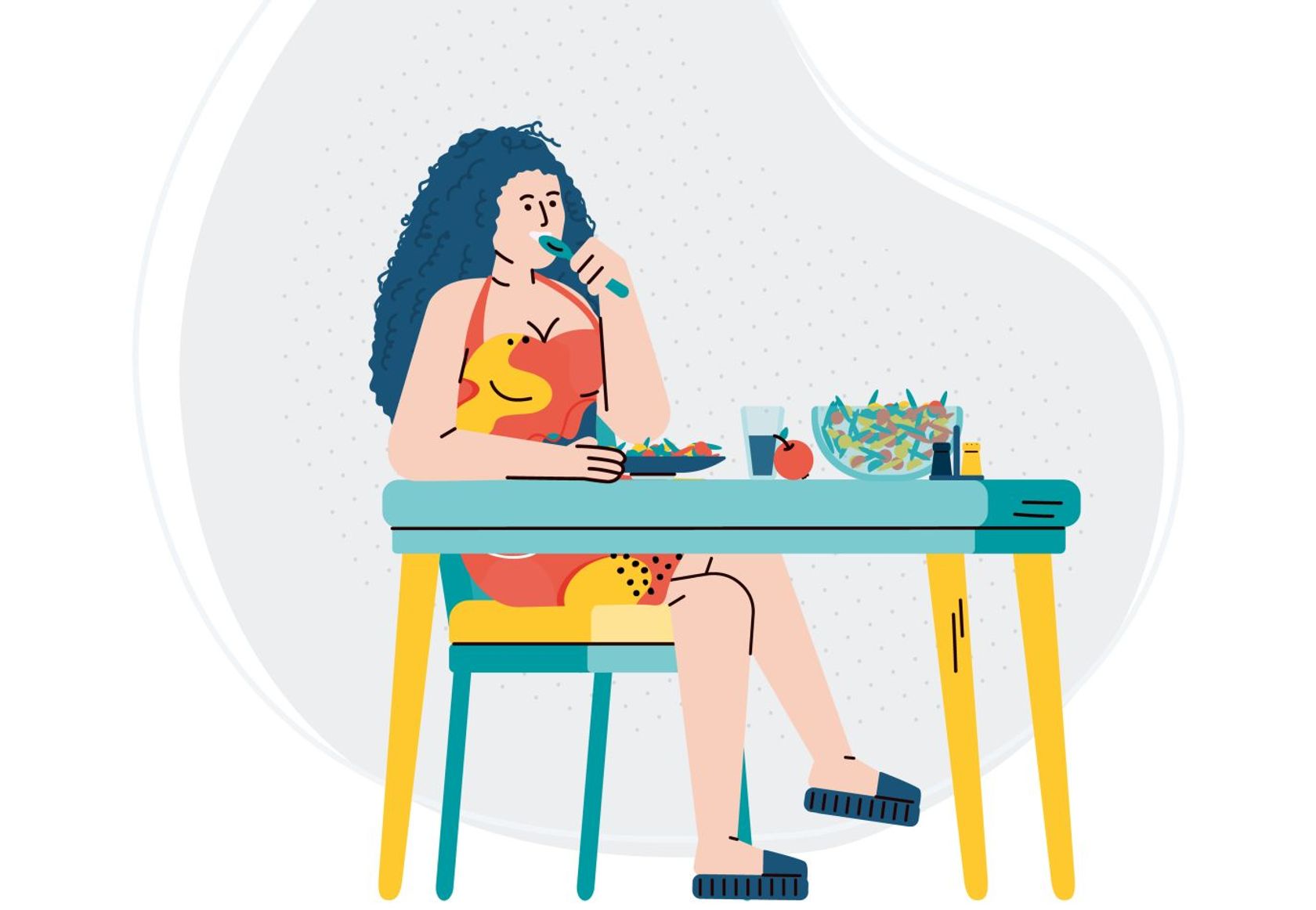 Illustration einer Frau am Esstisch, die gesunde Lebensmittel zu sich nimmt. 