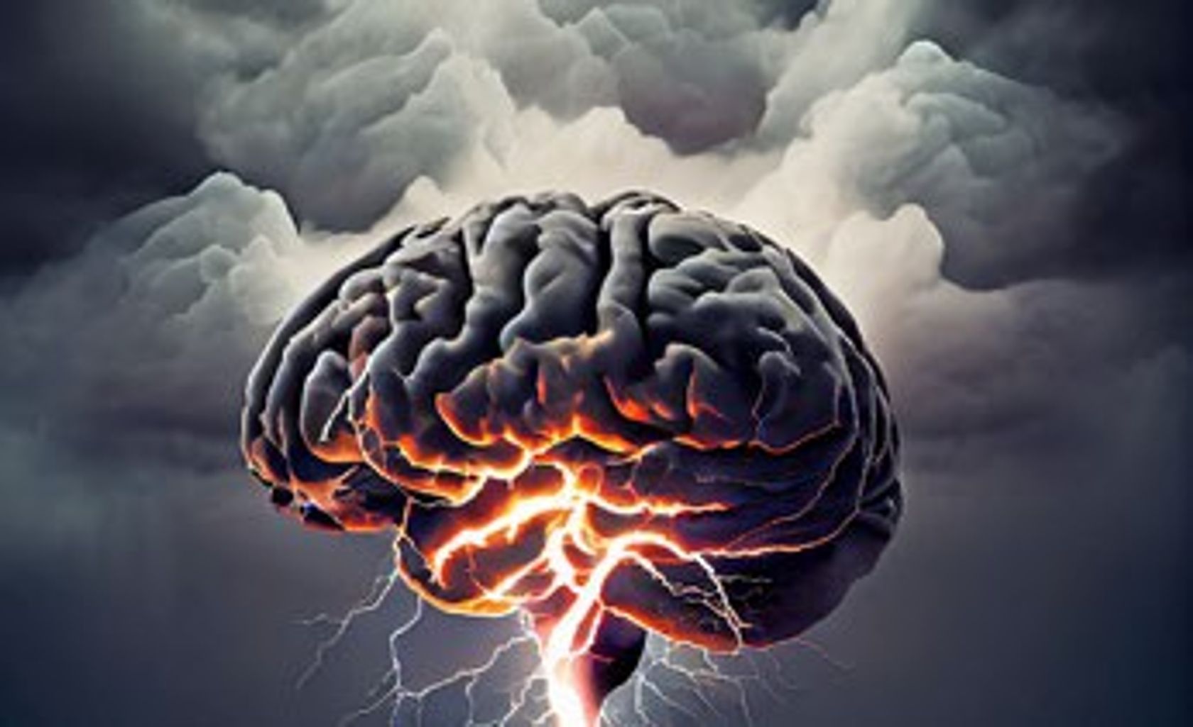 Grafik eines Gehirns, in dem Blitze entstehen und um das herum ein Gewitter tobt.
