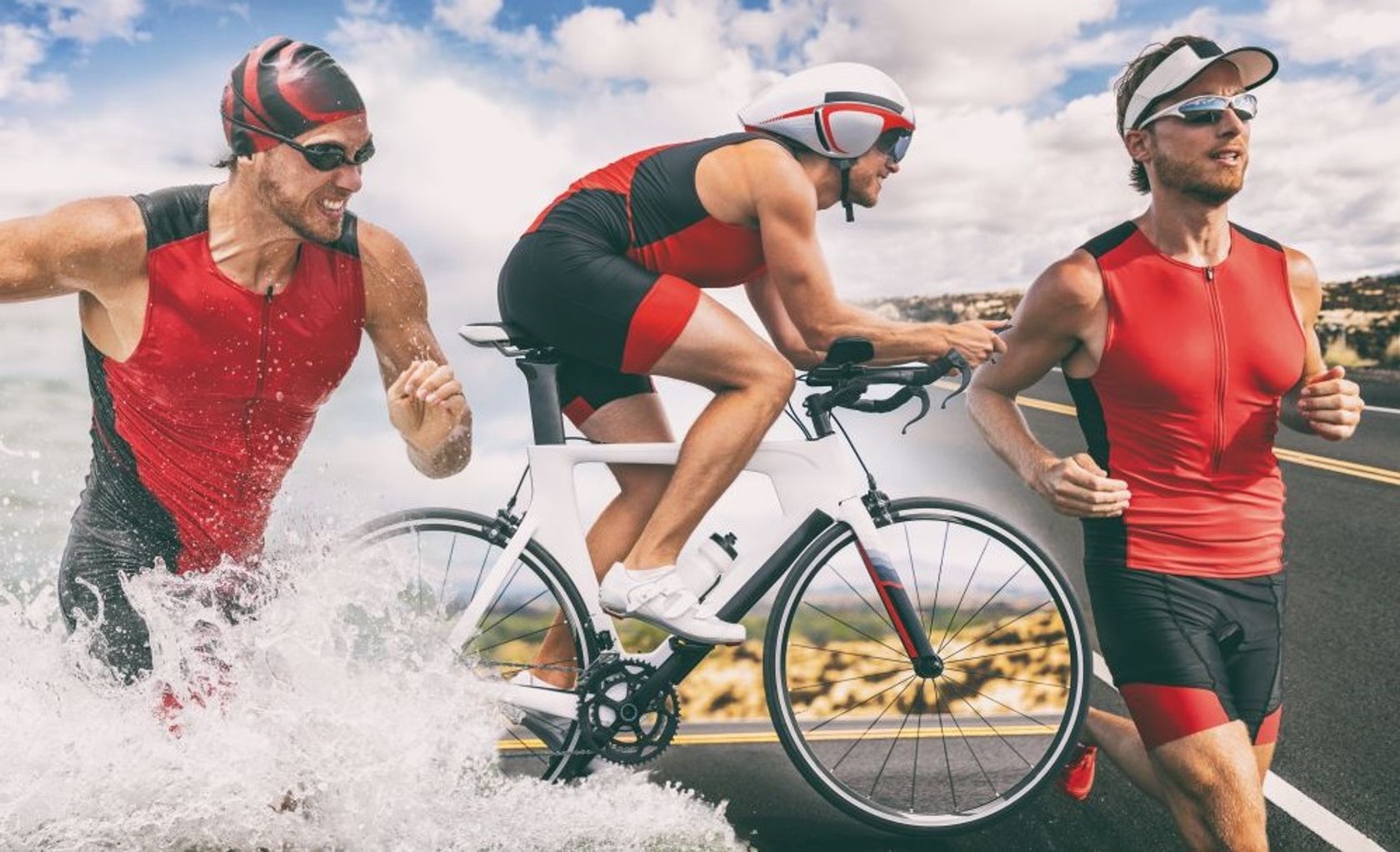 Fotomontage Triatlon - Mann im roten Trikot beim Rennen ins Wasser, Radfahren und Laufen.
